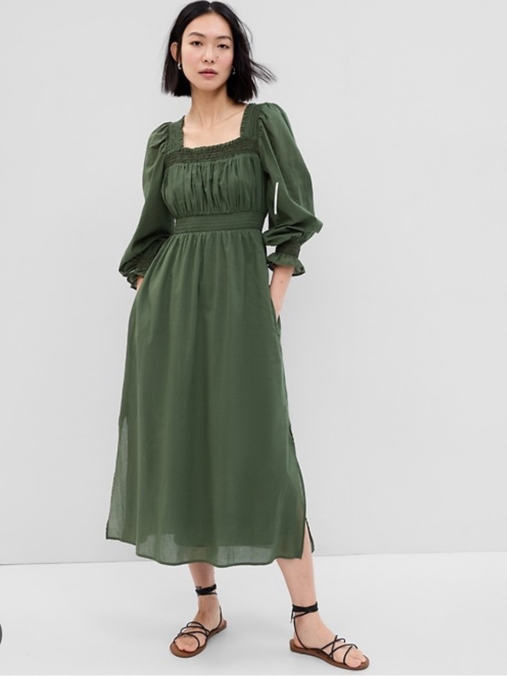 GAP Olive Green Puff Sleeve Smocked Maxi Dress